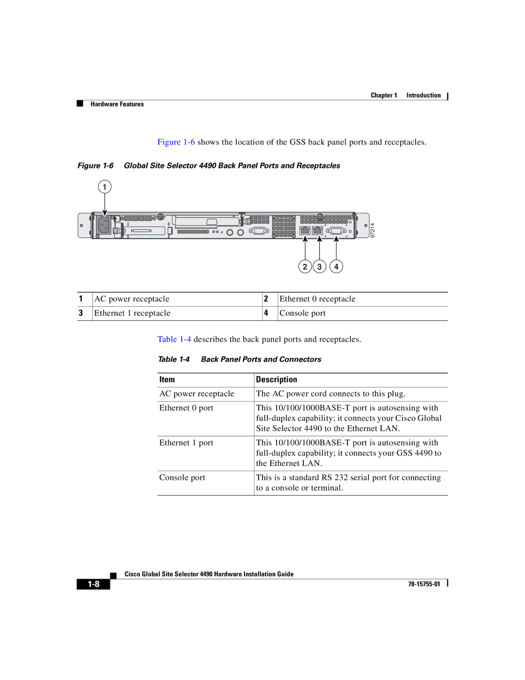 Cisco Systems manual Global Site Selector 4490 Back Panel Ports and Receptacles 