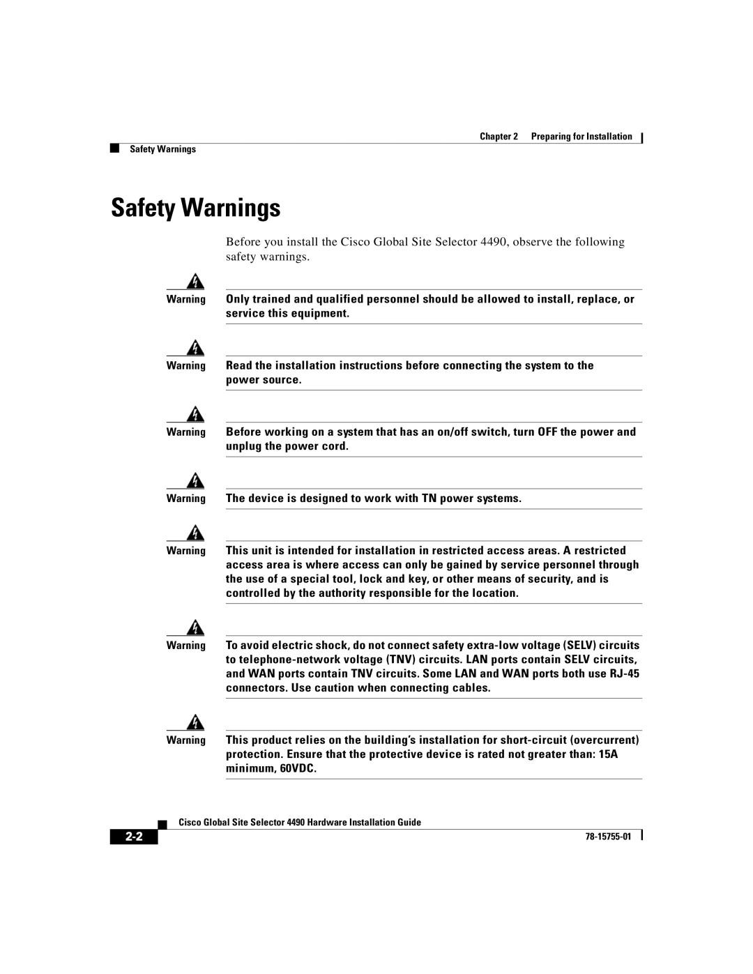 Cisco Systems 4490 manual Safety Warnings 