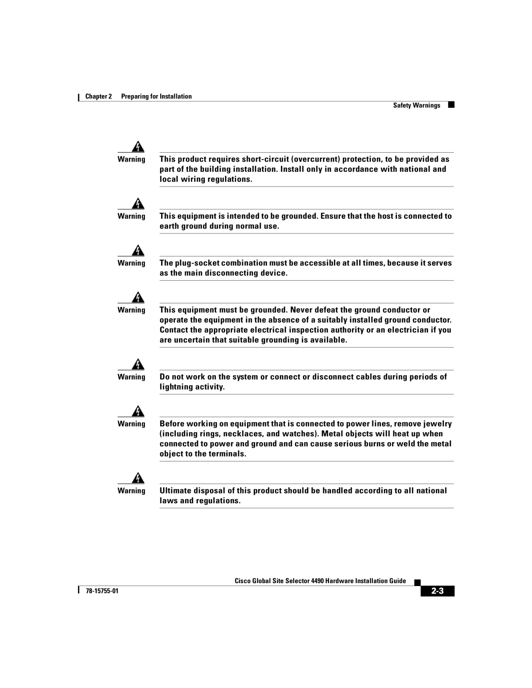 Cisco Systems 4490 manual Preparing for Installation Safety Warnings 