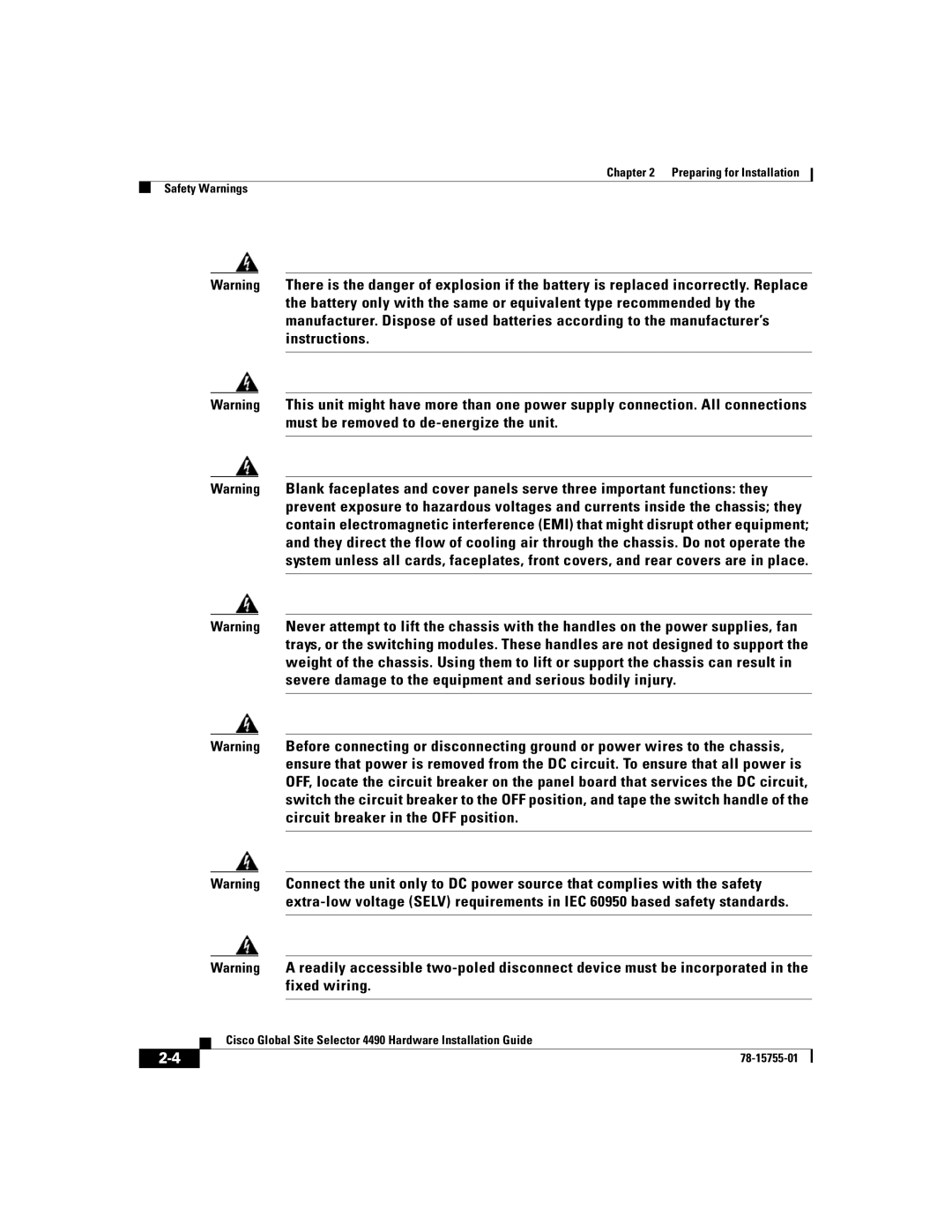 Cisco Systems 4490 manual Preparing for Installation Safety Warnings 