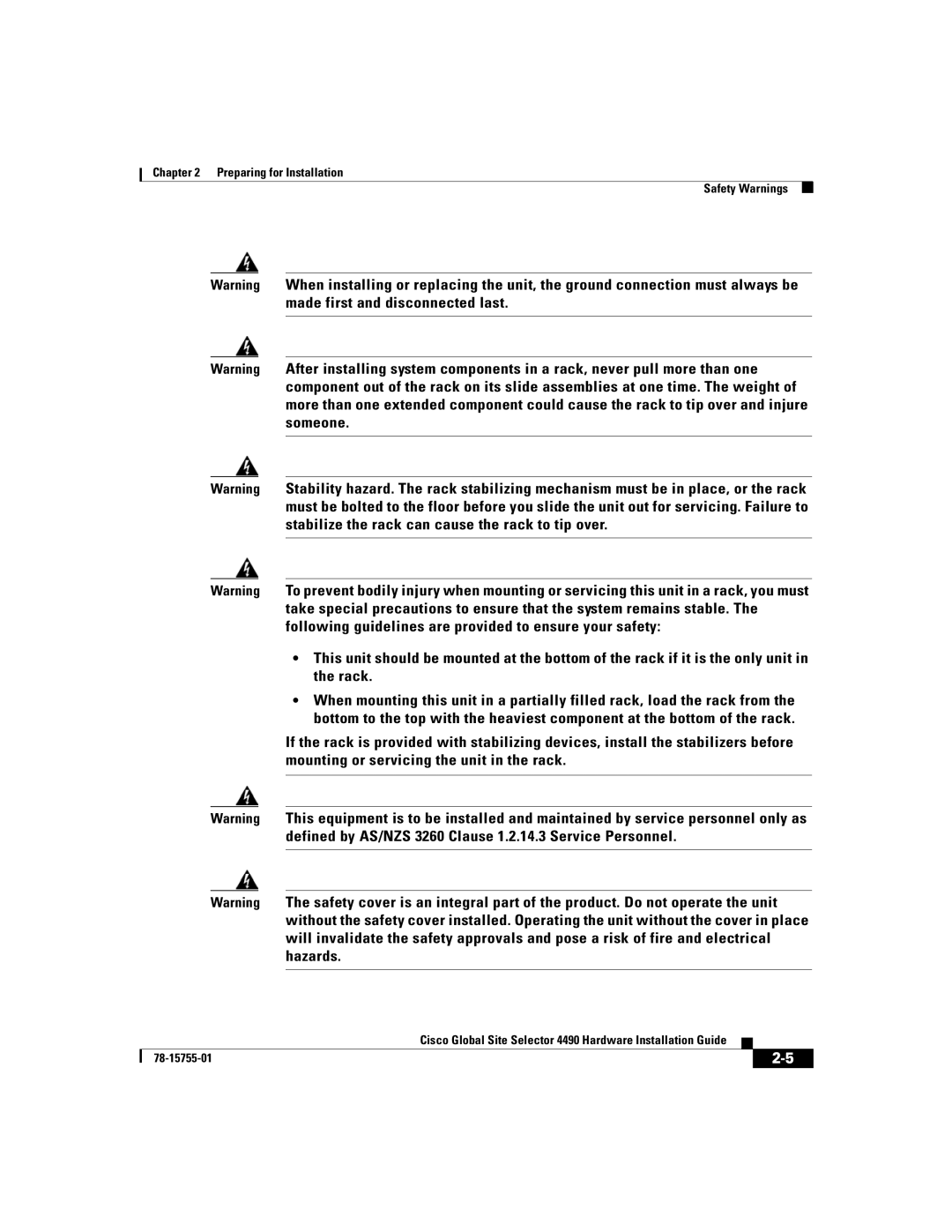 Cisco Systems 4490 manual Preparing for Installation Safety Warnings 