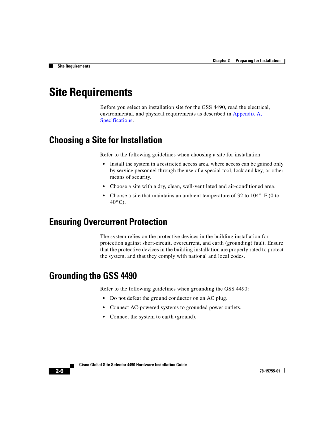 Cisco Systems 4490 Site Requirements, Choosing a Site for Installation, Ensuring Overcurrent Protection, Grounding the GSS 