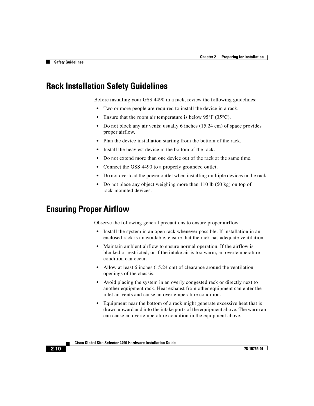 Cisco Systems 4490 manual Rack Installation Safety Guidelines, Ensuring Proper Airflow 