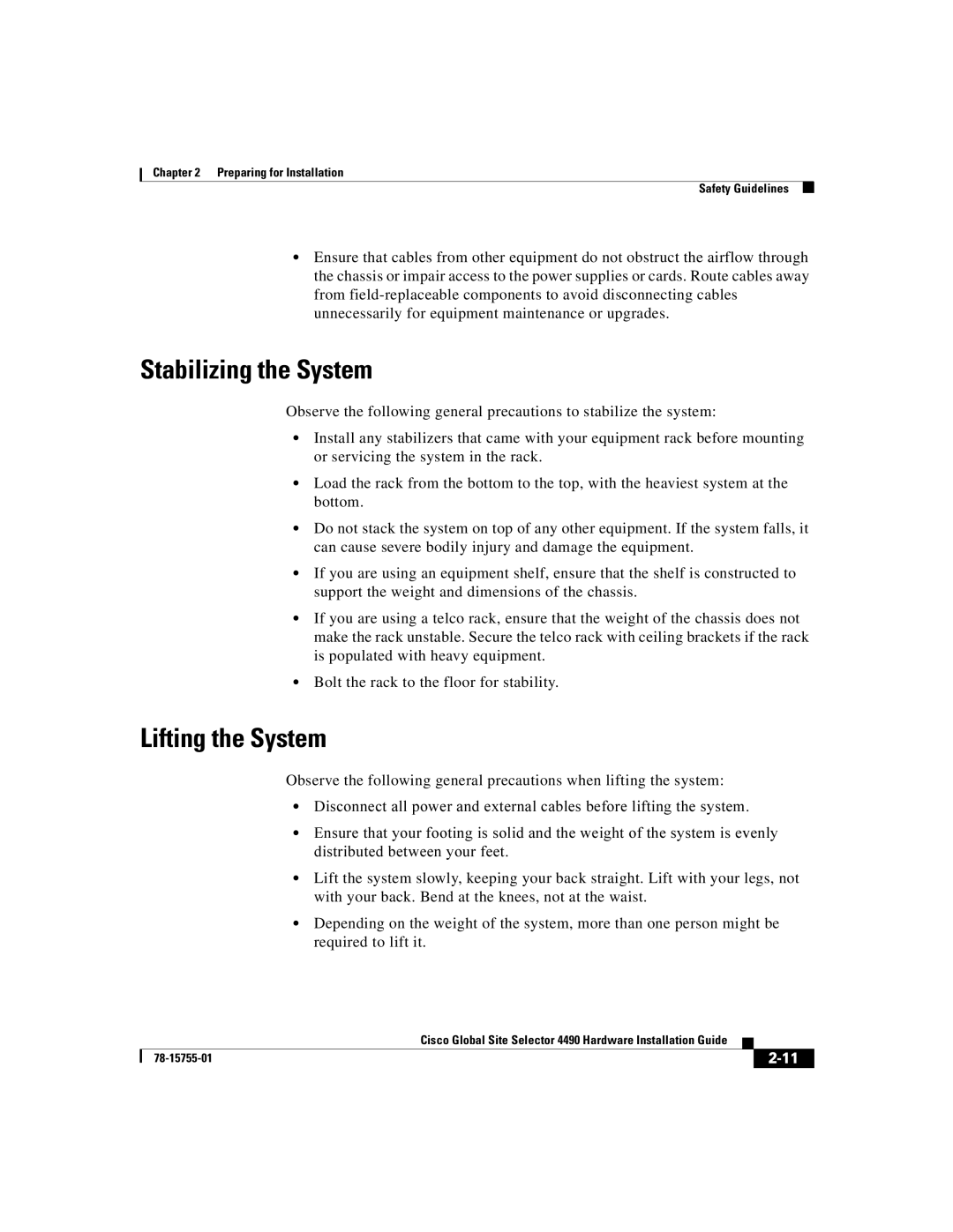 Cisco Systems 4490 manual Stabilizing the System, Lifting the System 