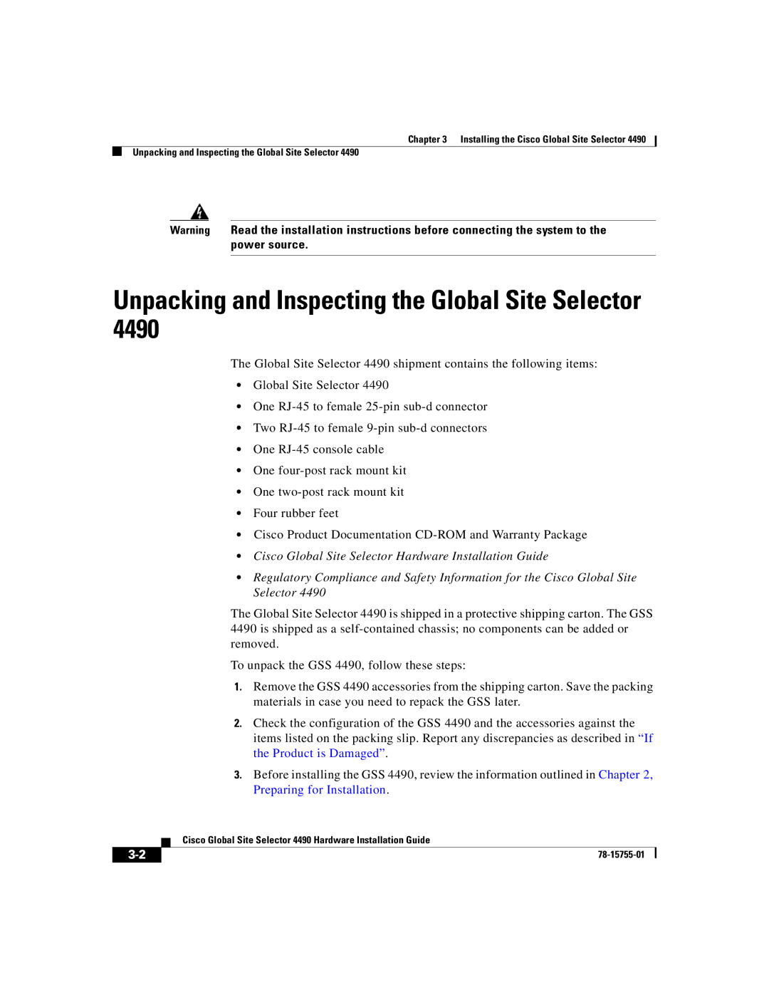 Cisco Systems 4490 manual Unpacking and Inspecting the Global Site Selector 