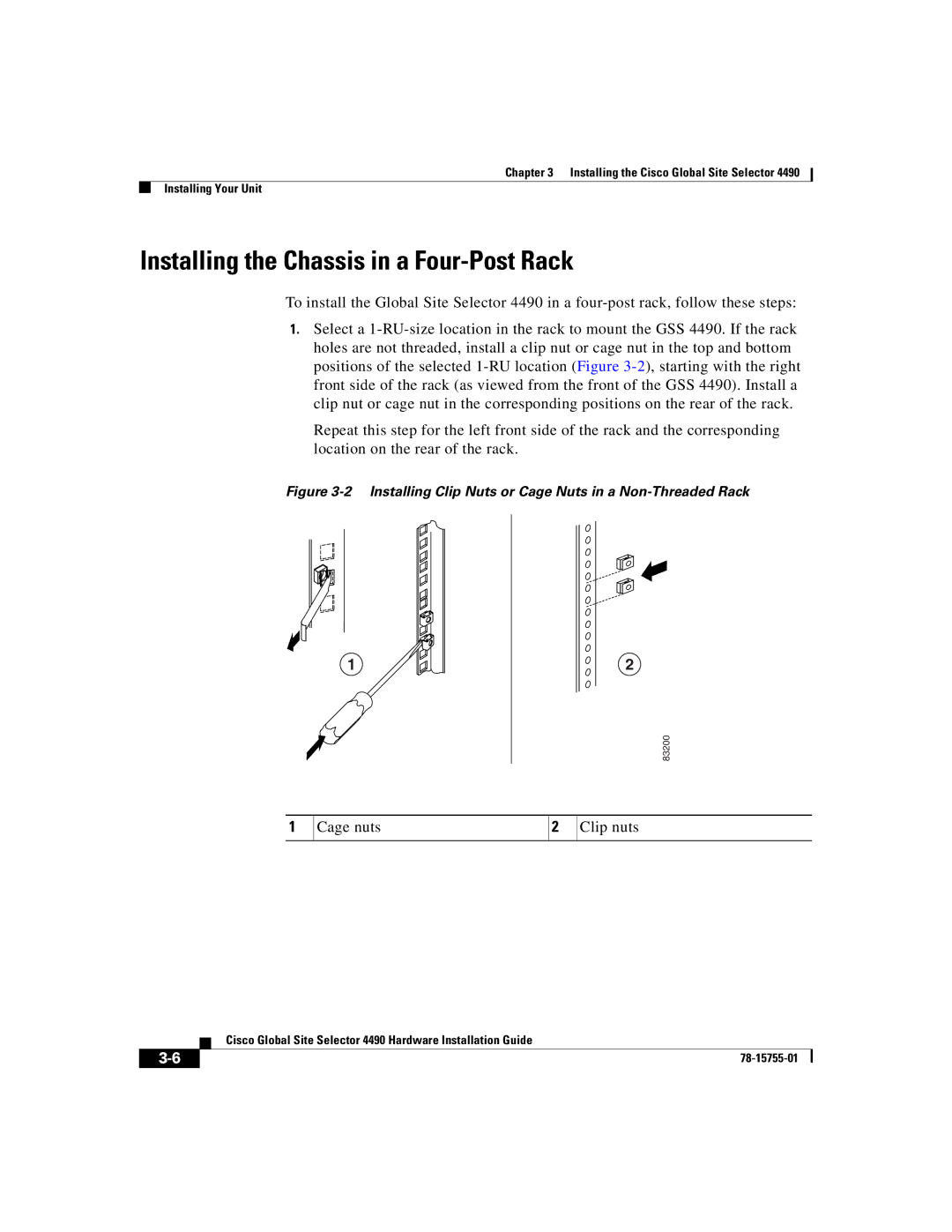 Cisco Systems 4490 manual Installing the Chassis in a Four-Post Rack, Cage nuts Clip nuts 