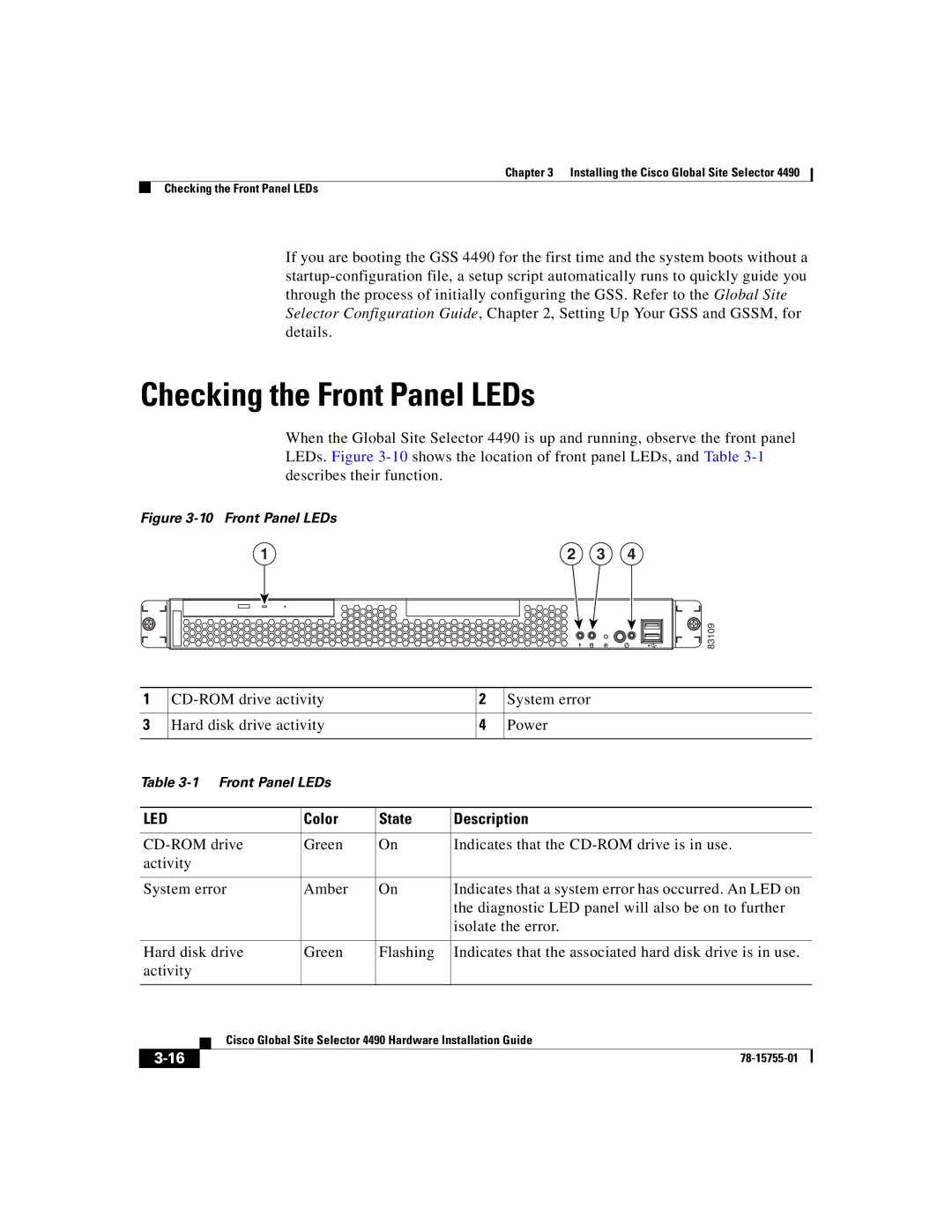 Cisco Systems 4490 manual Checking the Front Panel LEDs, Color State Description 