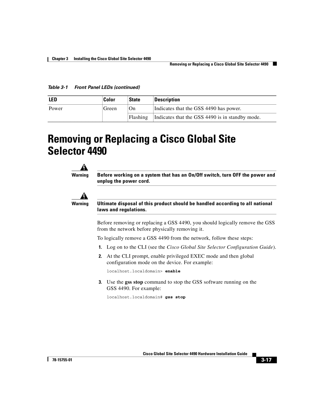 Cisco Systems 4490 manual Removing or Replacing a Cisco Global Site Selector 