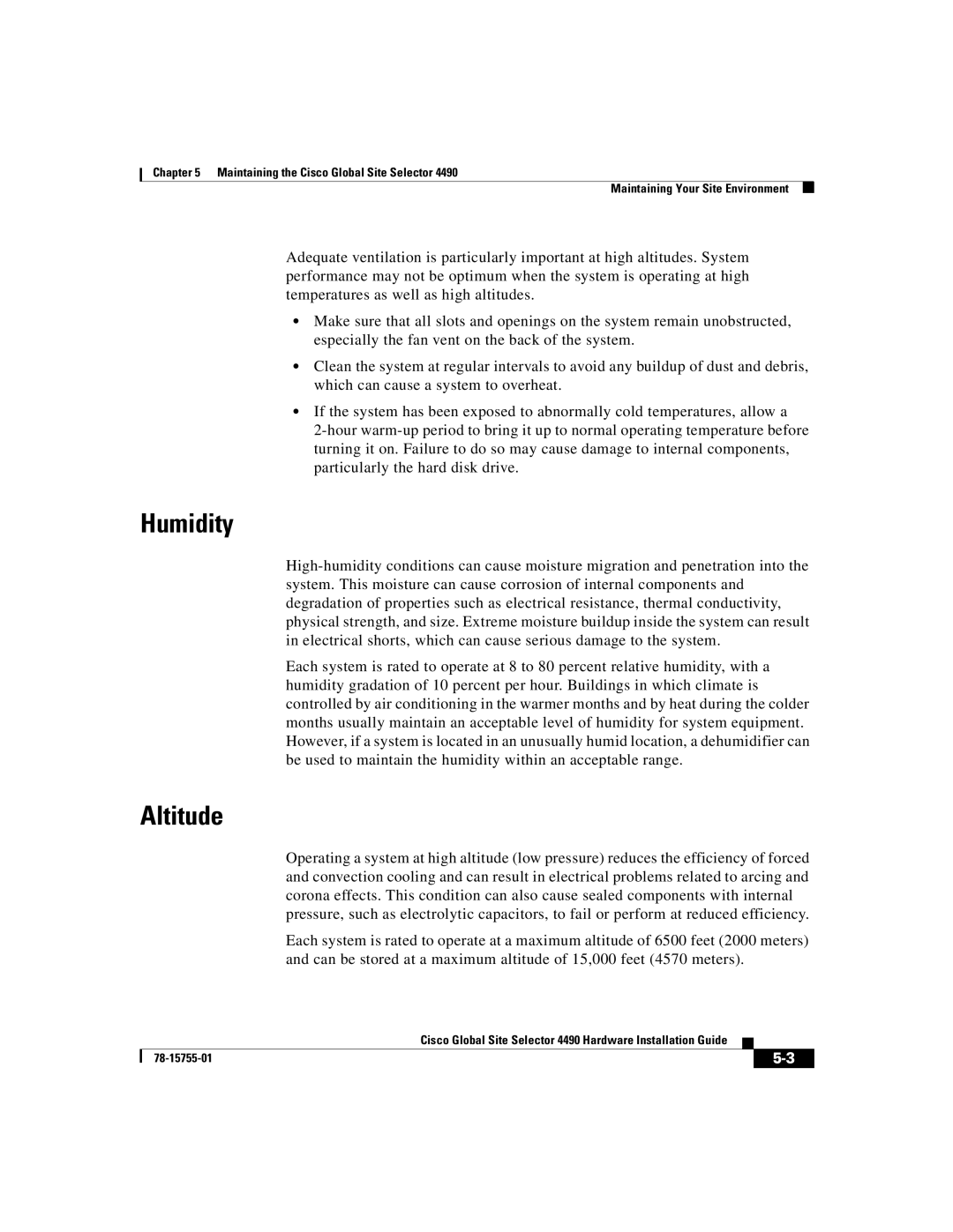 Cisco Systems 4490 manual Humidity, Altitude 