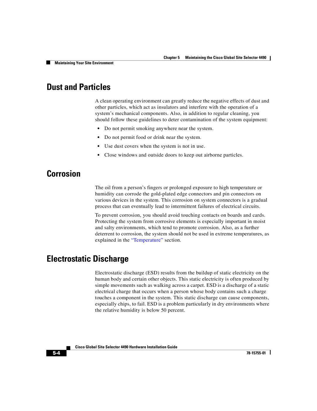 Cisco Systems 4490 manual Dust and Particles, Corrosion, Electrostatic Discharge 