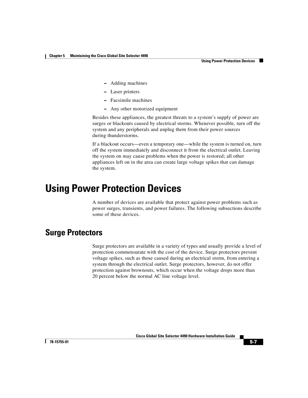 Cisco Systems 4490 manual Using Power Protection Devices, Surge Protectors 