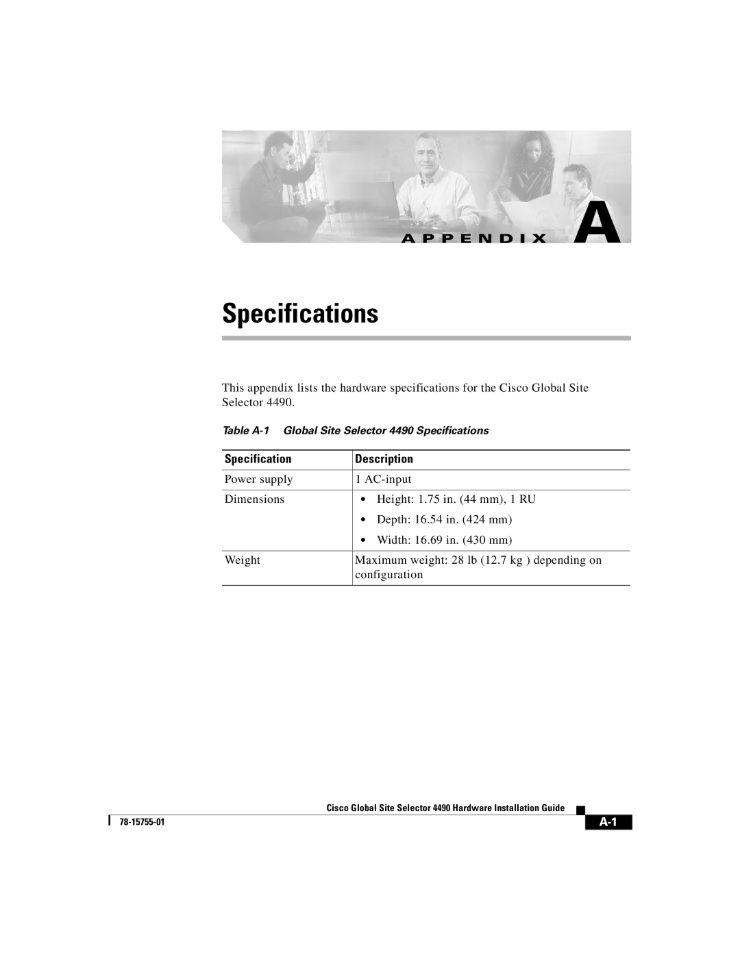 Cisco Systems 4490 manual Specifications, Specification Description 