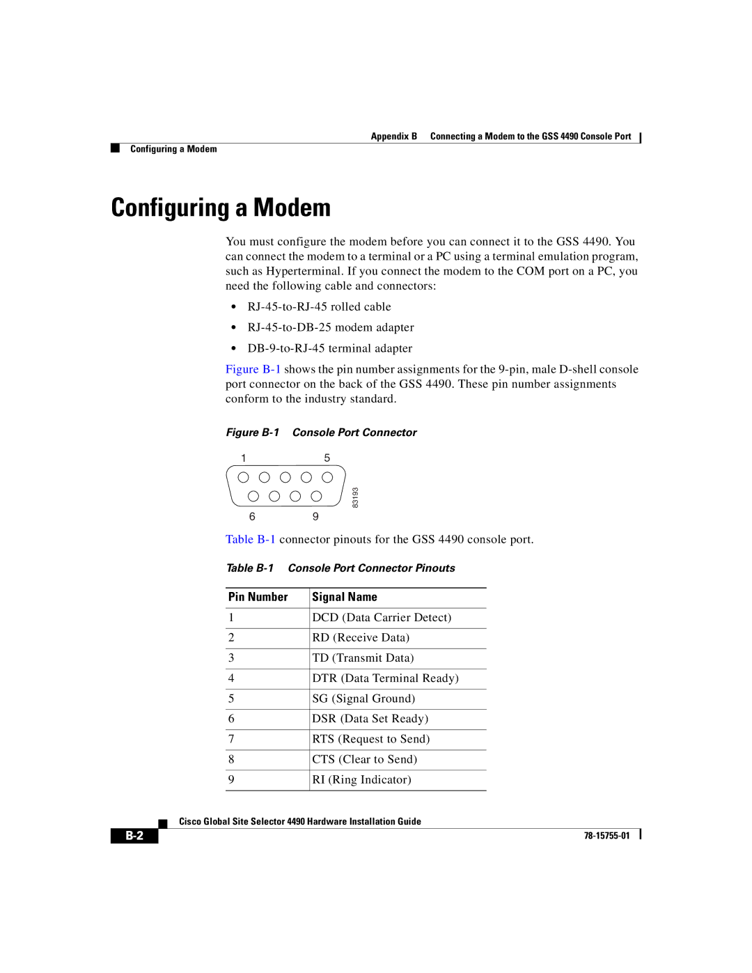 Cisco Systems 4490 manual Configuring a Modem, Figure B-1 Console Port Connector 