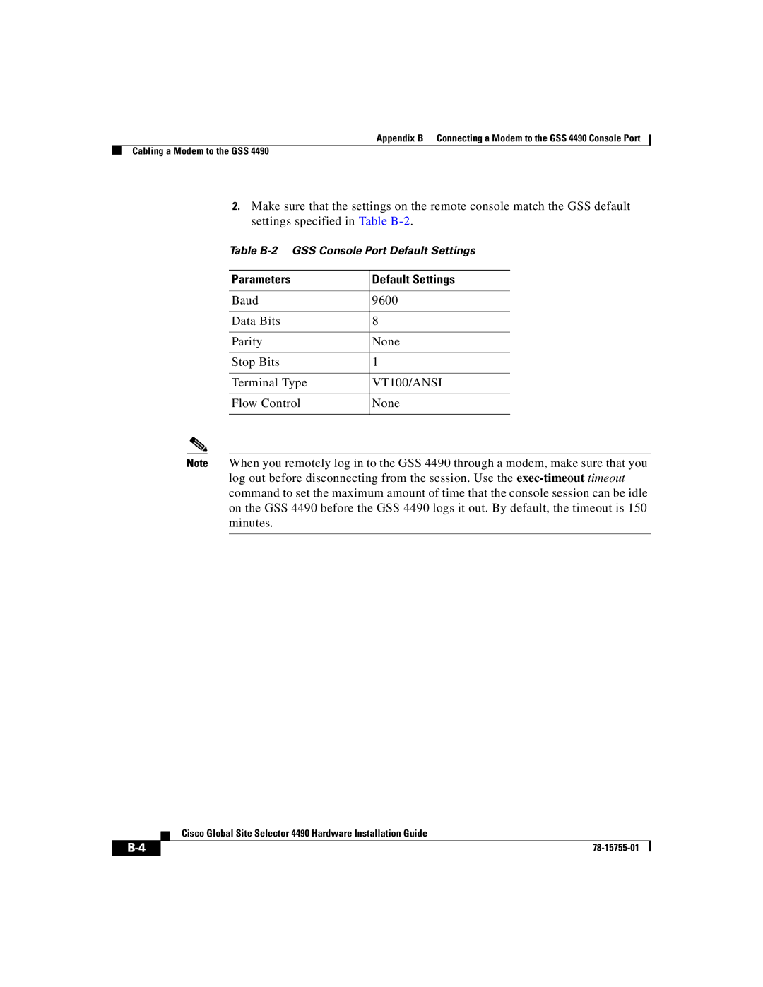 Cisco Systems 4490 manual Parameters Default Settings 