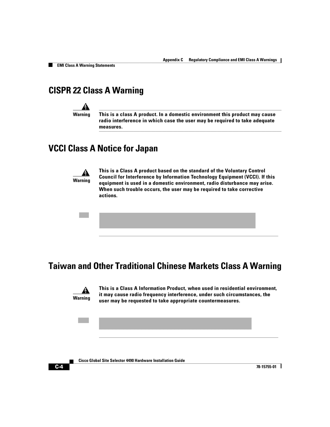 Cisco Systems 4490 manual Cispr 22 Class a Warning Vcci Class a Notice for Japan 