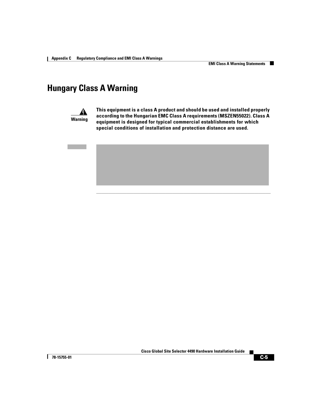 Cisco Systems 4490 manual Hungary Class a Warning 