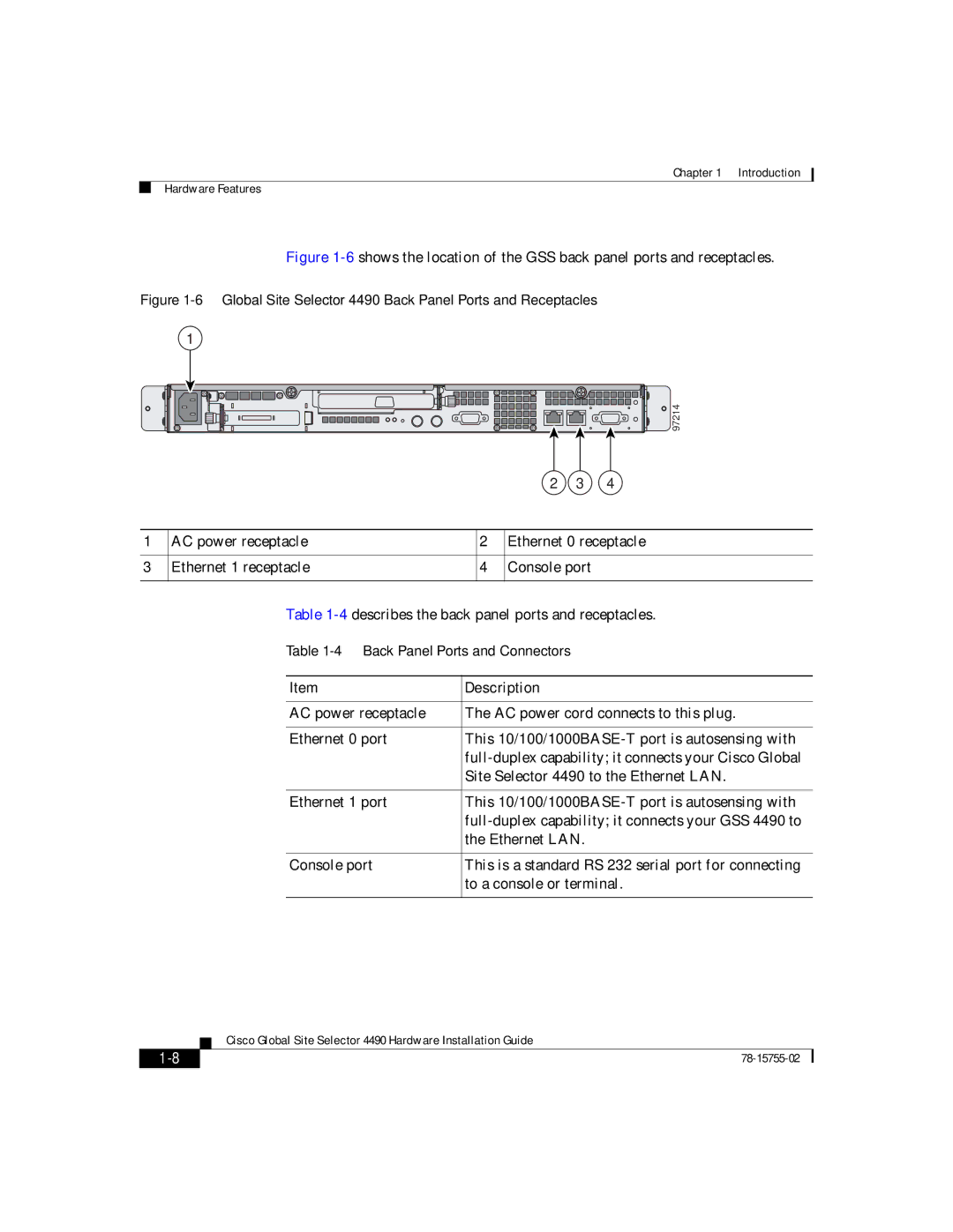 Cisco Systems manual Global Site Selector 4490 Back Panel Ports and Receptacles 