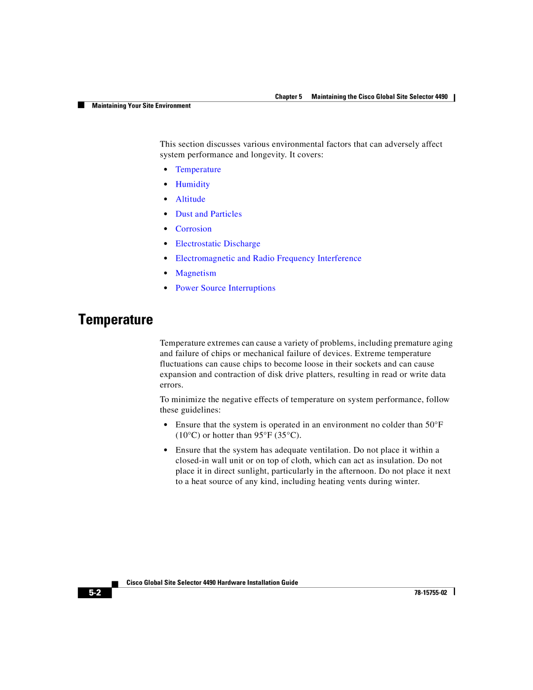 Cisco Systems 4490 manual Temperature 