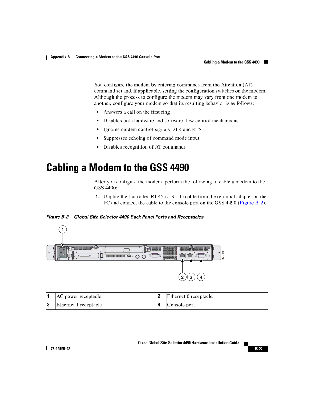 Cisco Systems 4490 manual Cabling a Modem to the GSS 