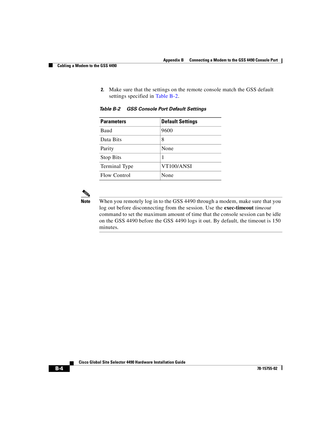 Cisco Systems 4490 manual Parameters Default Settings 