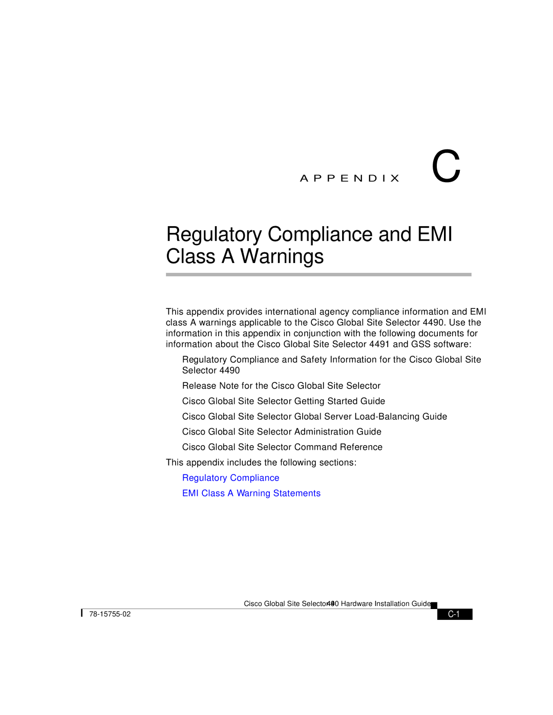 Cisco Systems 4490 Regulatory Compliance and EMI Class a Warnings, Regulatory Compliance EMI Class a Warning Statements 