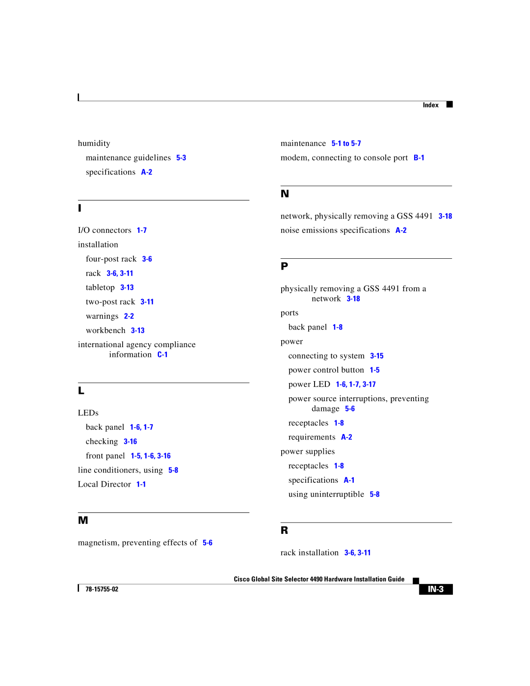 Cisco Systems 4490 manual IN-3 