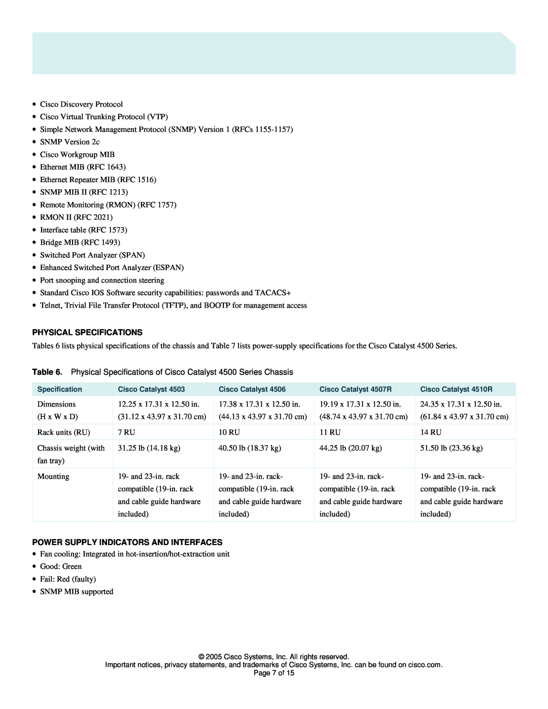 Cisco Systems 4500 manual Physical Specifications, Power Supply Indicators And Interfaces 