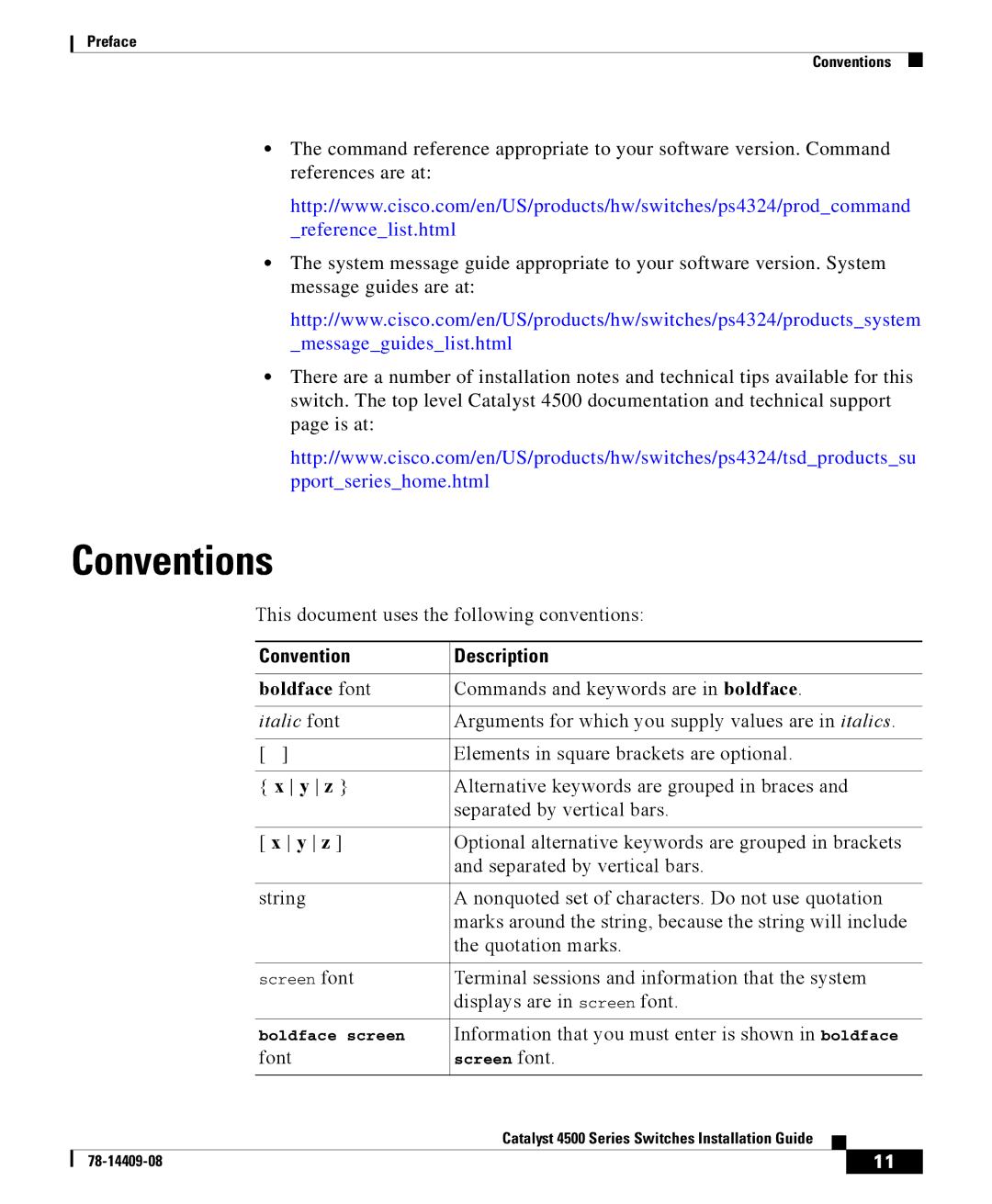 Cisco Systems 4500 manual Conventions, Convention Description 