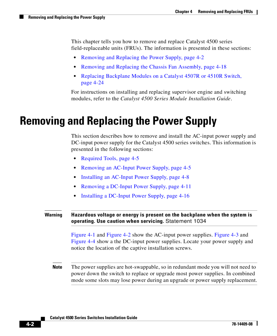 Cisco Systems 4500 manual Removing and Replacing the Power Supply 