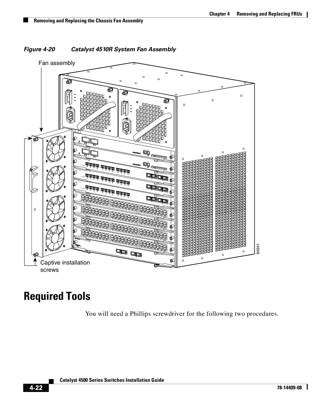 Cisco Systems 4500 manual Catalyst 4510R System Fan Assembly 