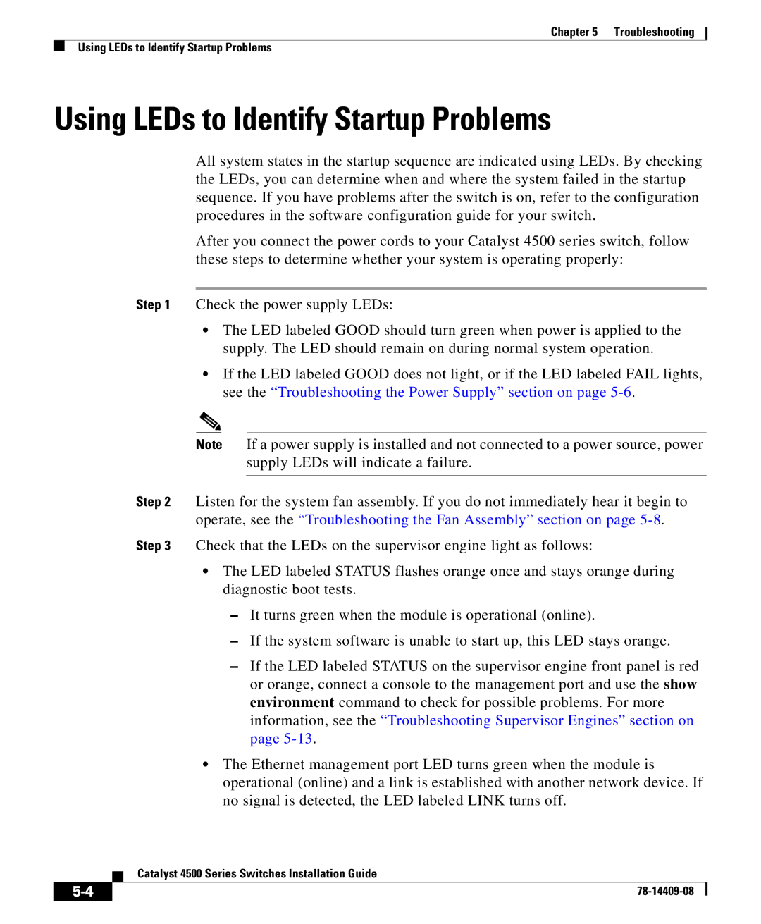 Cisco Systems 4500 manual Using LEDs to Identify Startup Problems 