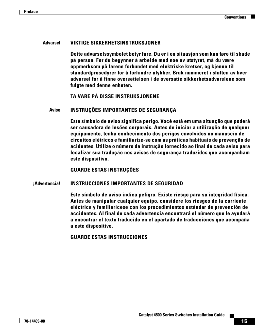 Cisco Systems 4500 manual TA Vare PÅ Disse Instruksjonene, Aviso Instruções Importantes DE Segurança 