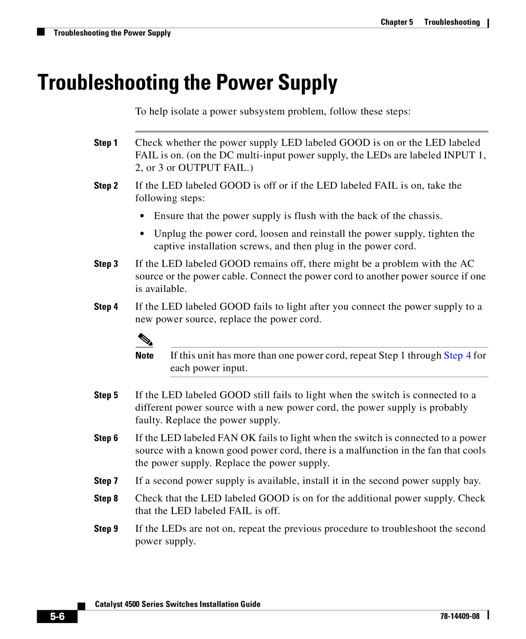 Cisco Systems 4500 manual Troubleshooting the Power Supply 