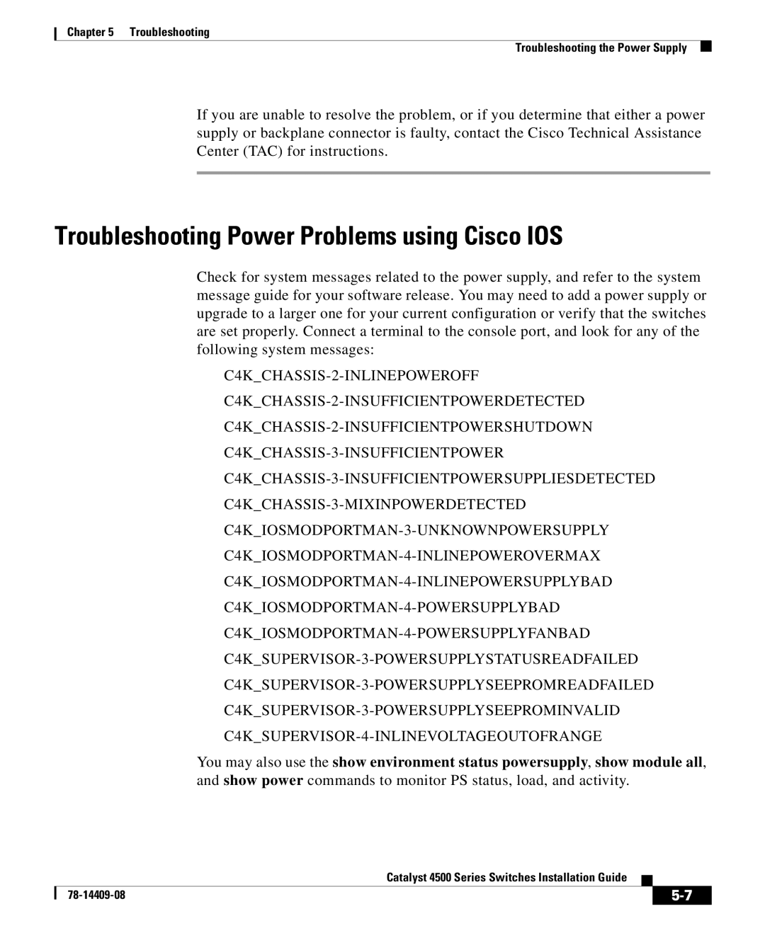 Cisco Systems 4500 manual Troubleshooting Power Problems using Cisco IOS 