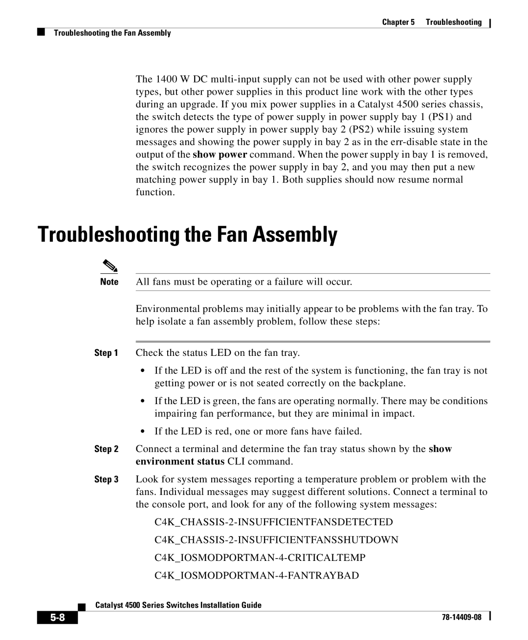 Cisco Systems 4500 manual Troubleshooting the Fan Assembly 