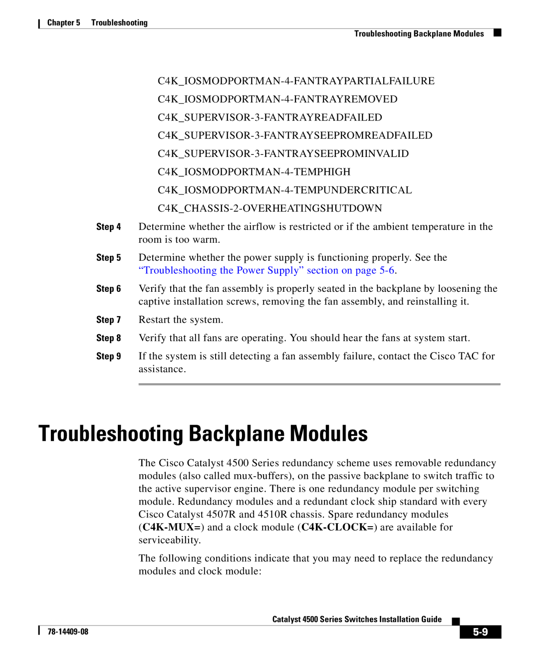 Cisco Systems 4500 manual Troubleshooting Backplane Modules 