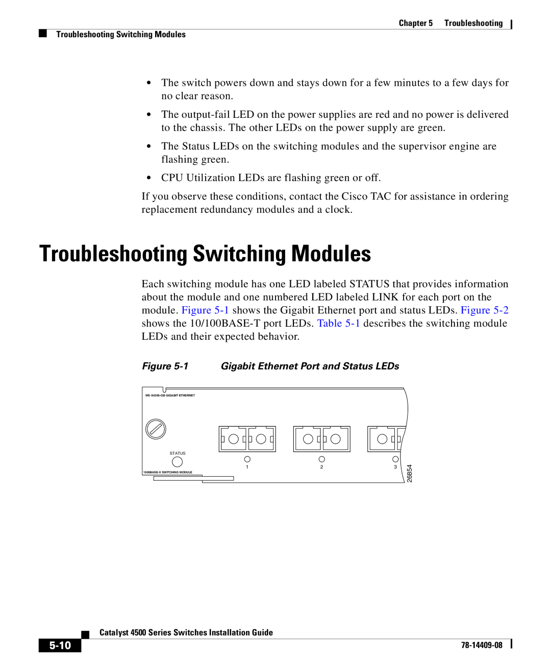 Cisco Systems 4500 manual Troubleshooting Switching Modules, Gigabit Ethernet Port and Status LEDs 