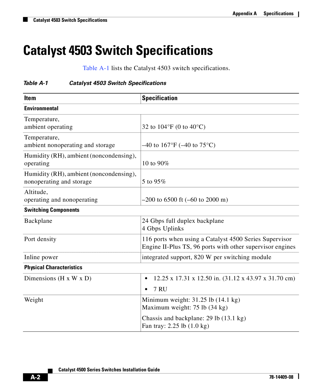 Cisco Systems 4500 manual Catalyst 4503 Switch Specifications 