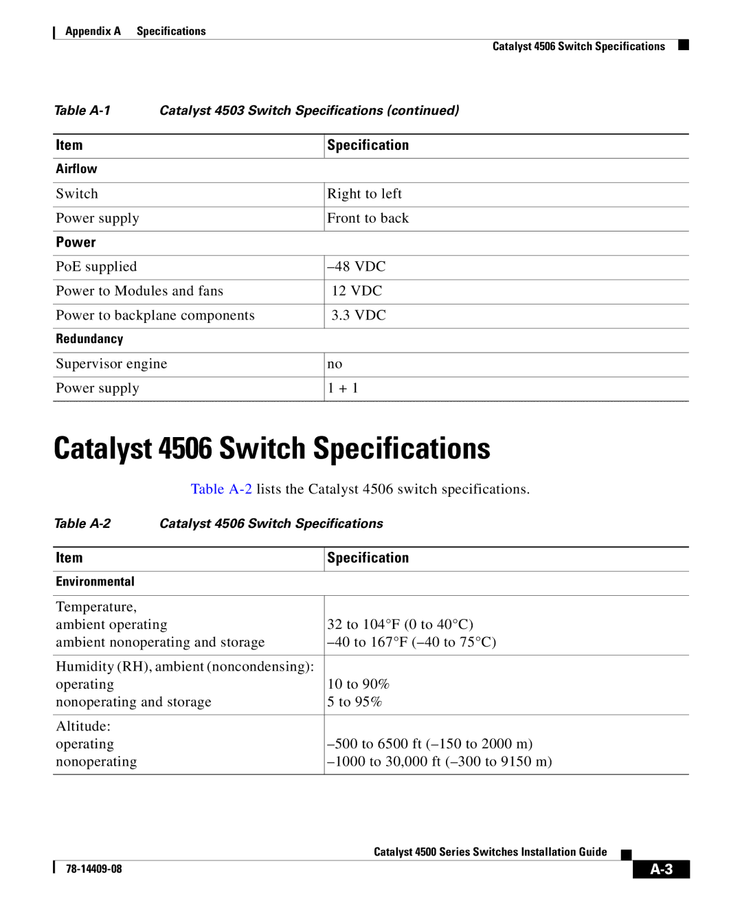 Cisco Systems 4500 manual Catalyst 4506 Switch Specifications, Power 