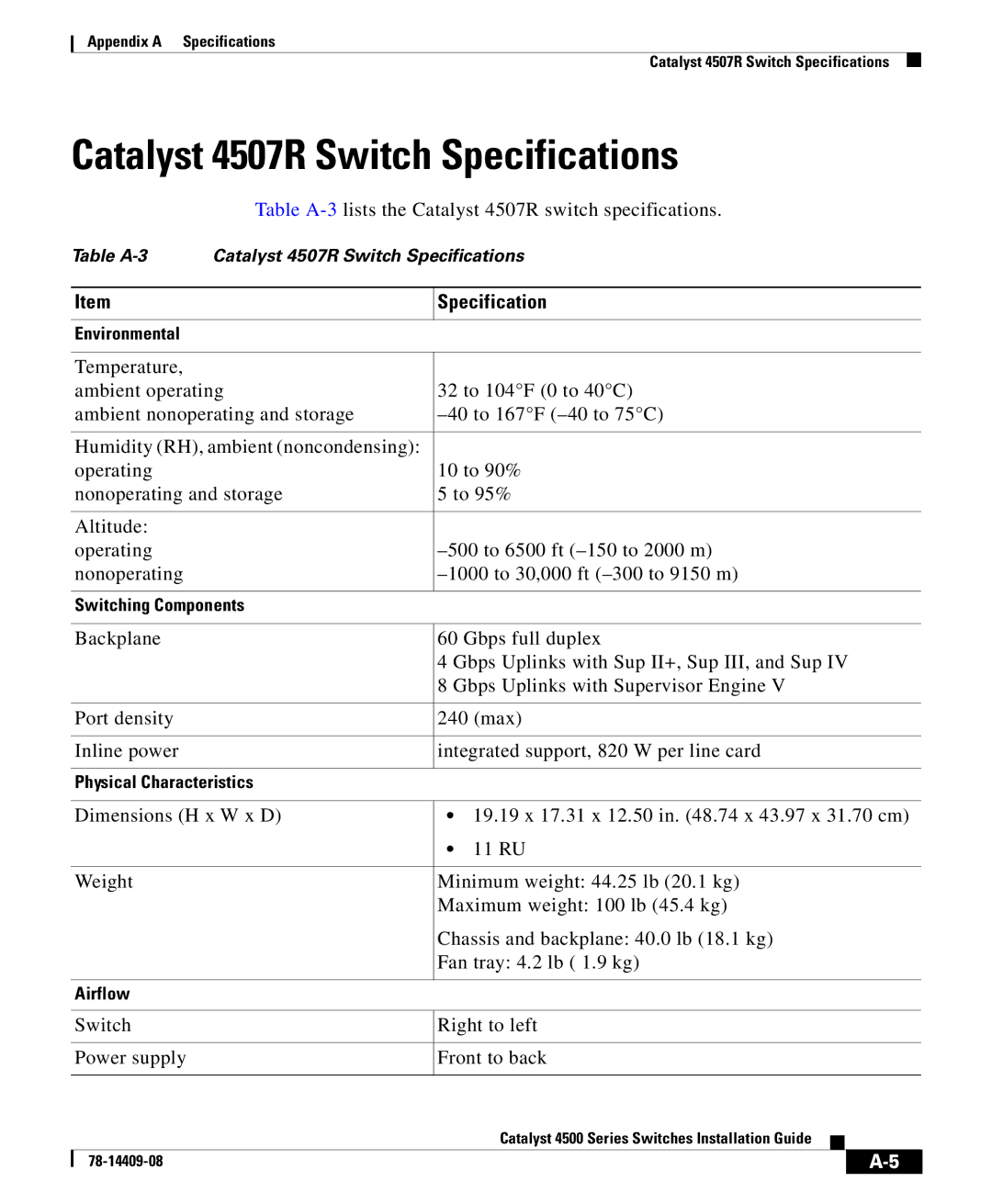 Cisco Systems 4500 manual Catalyst 4507R Switch Specifications, Right to left Front to back 