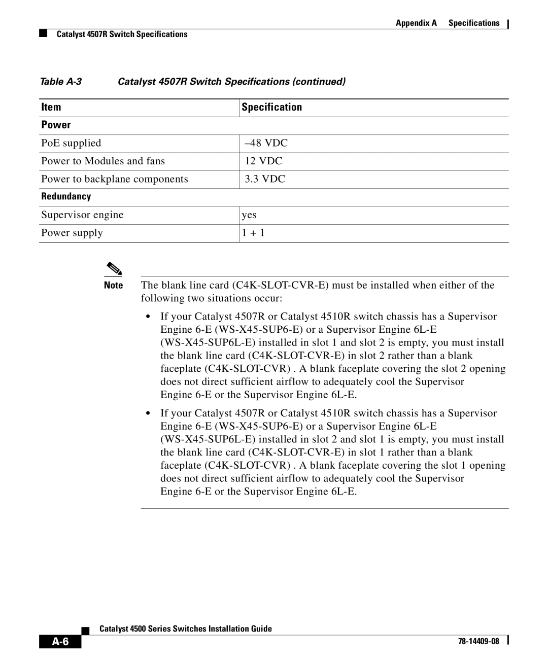 Cisco Systems 4500 manual Table A-3 Catalyst 4507R Switch Specifications 