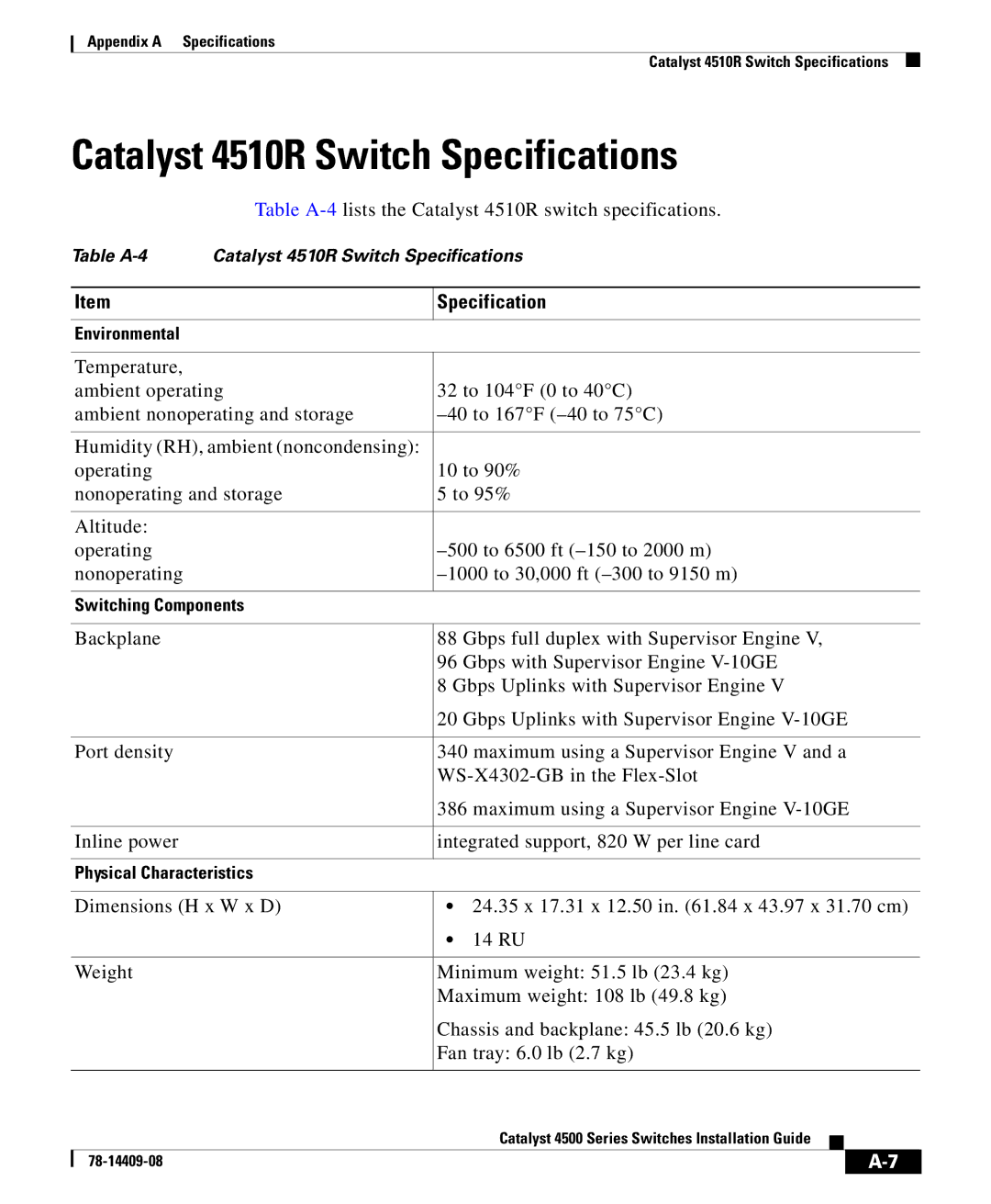 Cisco Systems 4500 manual Catalyst 4510R Switch Specifications 