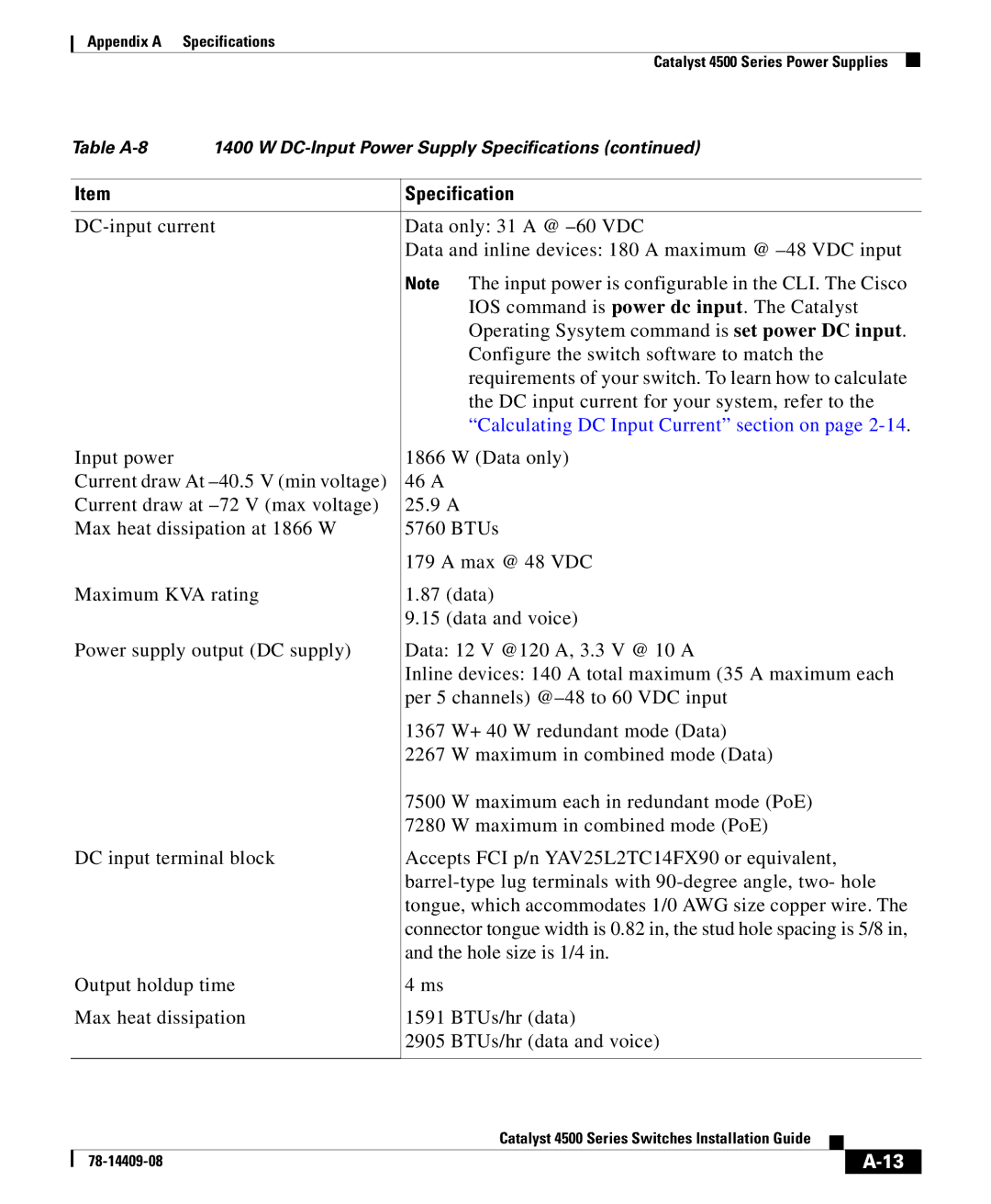 Cisco Systems 4500 manual Calculating DC Input Current section on 