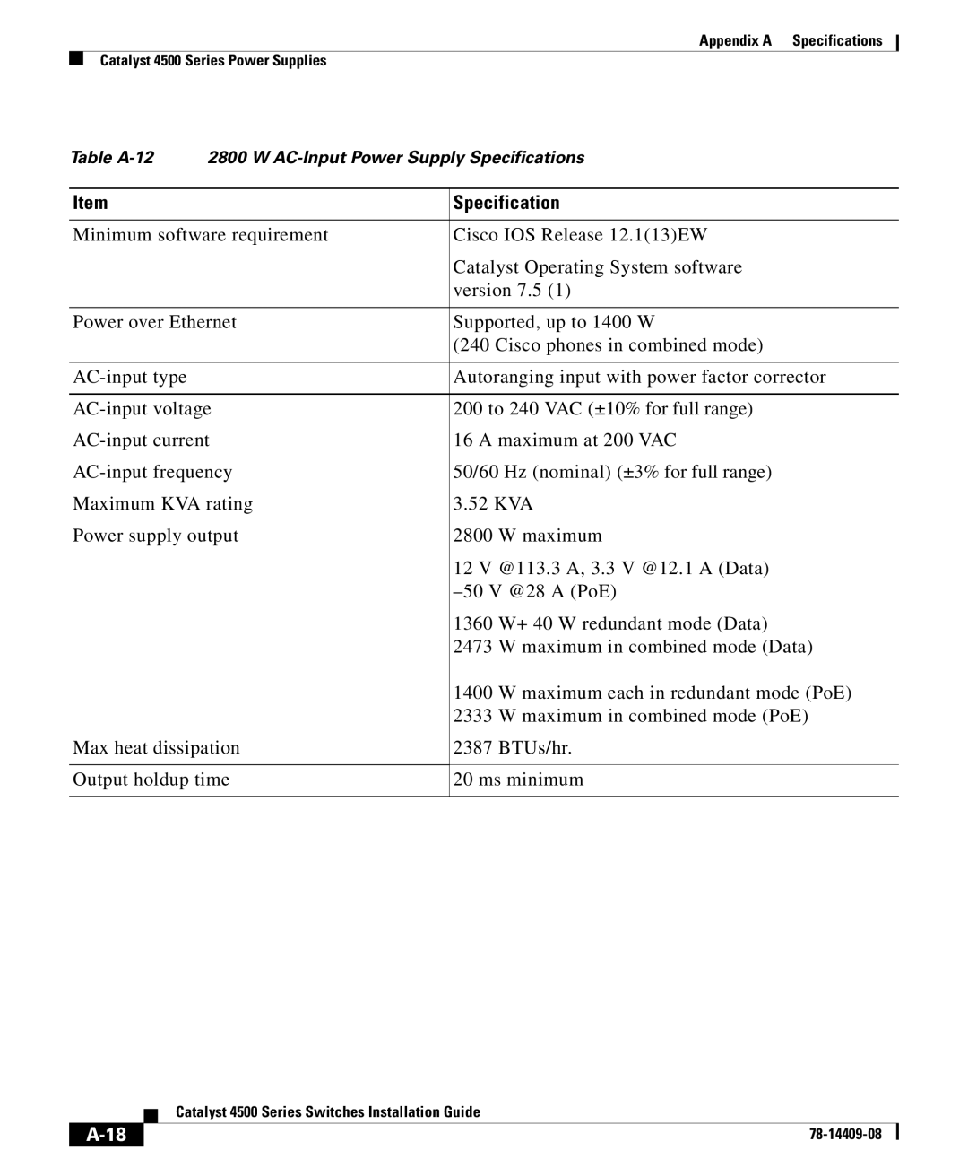 Cisco Systems 4500 manual Table A-12 AC-Input Power Supply Specifications 