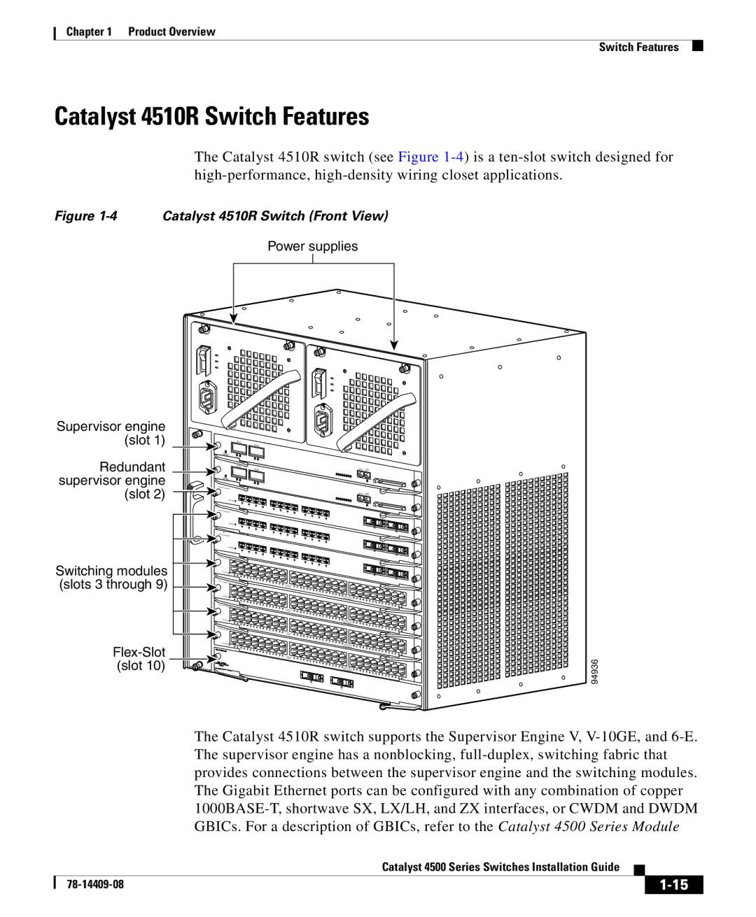 Cisco Systems 4500 manual Catalyst 4510R Switch Features, 94936 