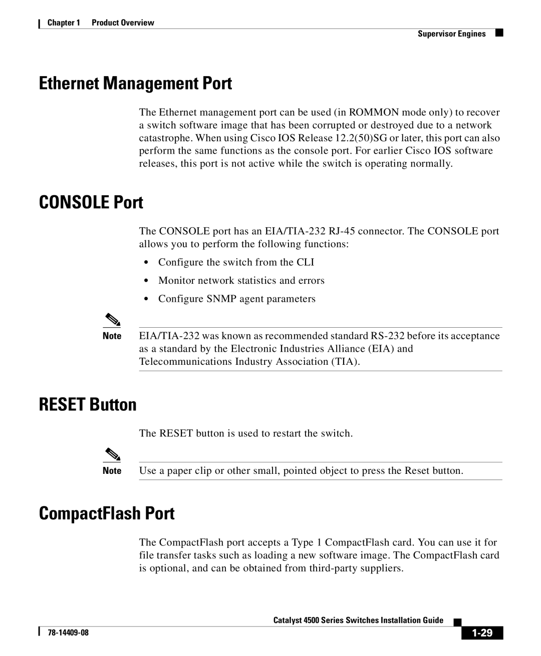 Cisco Systems 4500 manual Ethernet Management Port, Console Port, Reset Button, CompactFlash Port 