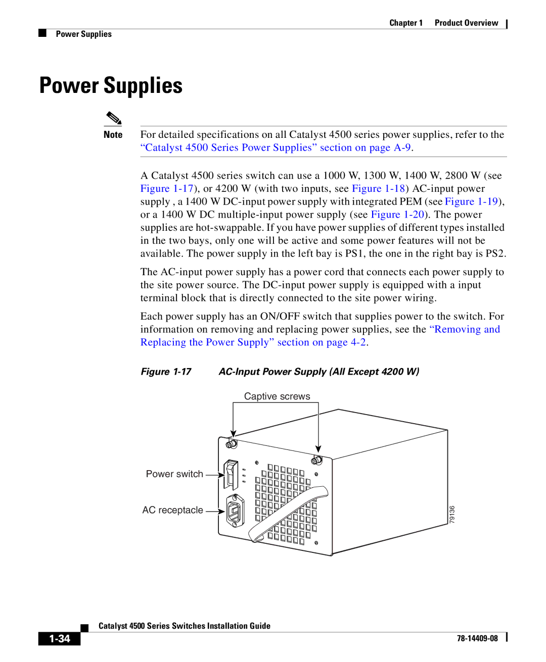 Cisco Systems 4500 manual Power Supplies, Captive screws Power switch AC receptacle 