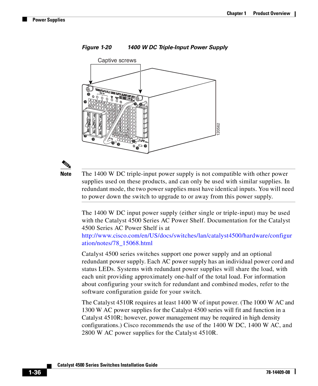 Cisco Systems 4500 manual 20 1400 W DC Triple-Input Power Supply 