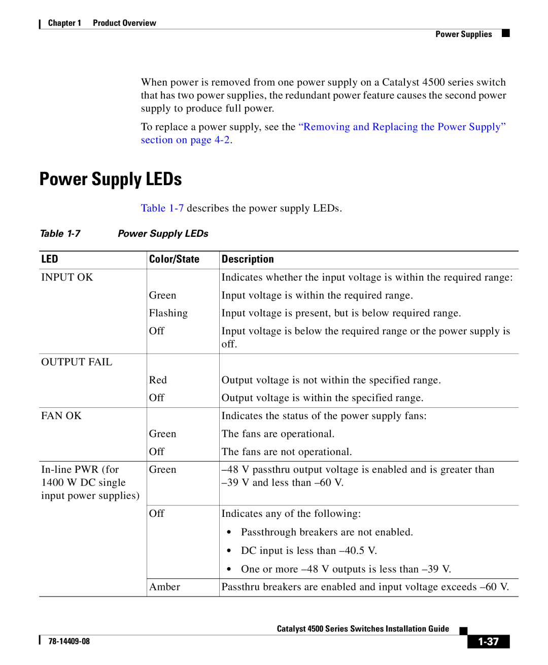 Cisco Systems 4500 manual Power Supply LEDs, Input OK 