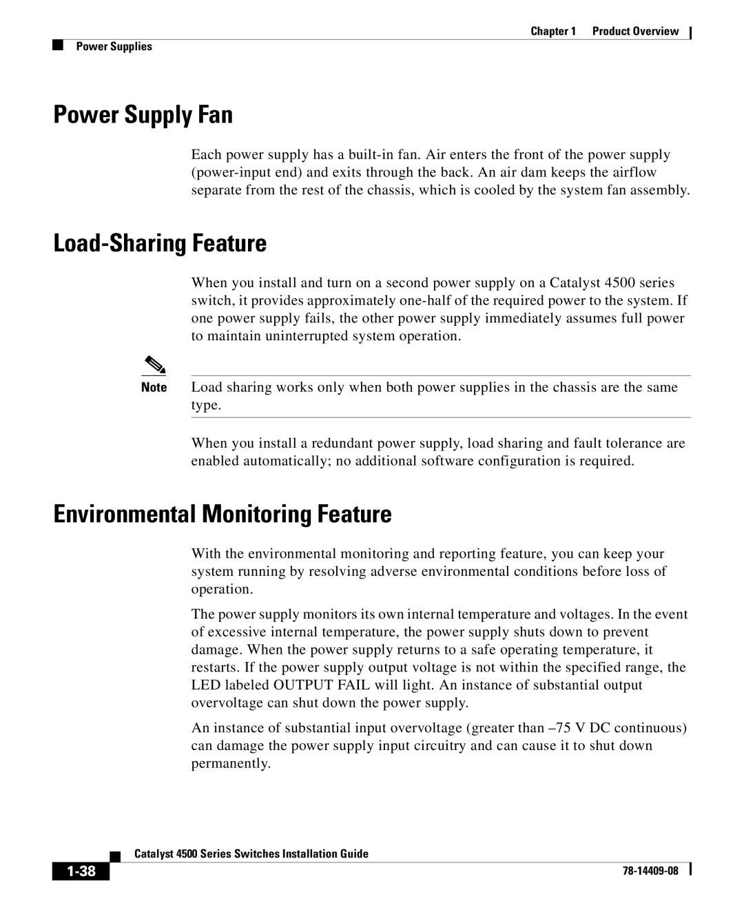 Cisco Systems 4500 manual Power Supply Fan, Load-Sharing Feature, Environmental Monitoring Feature 